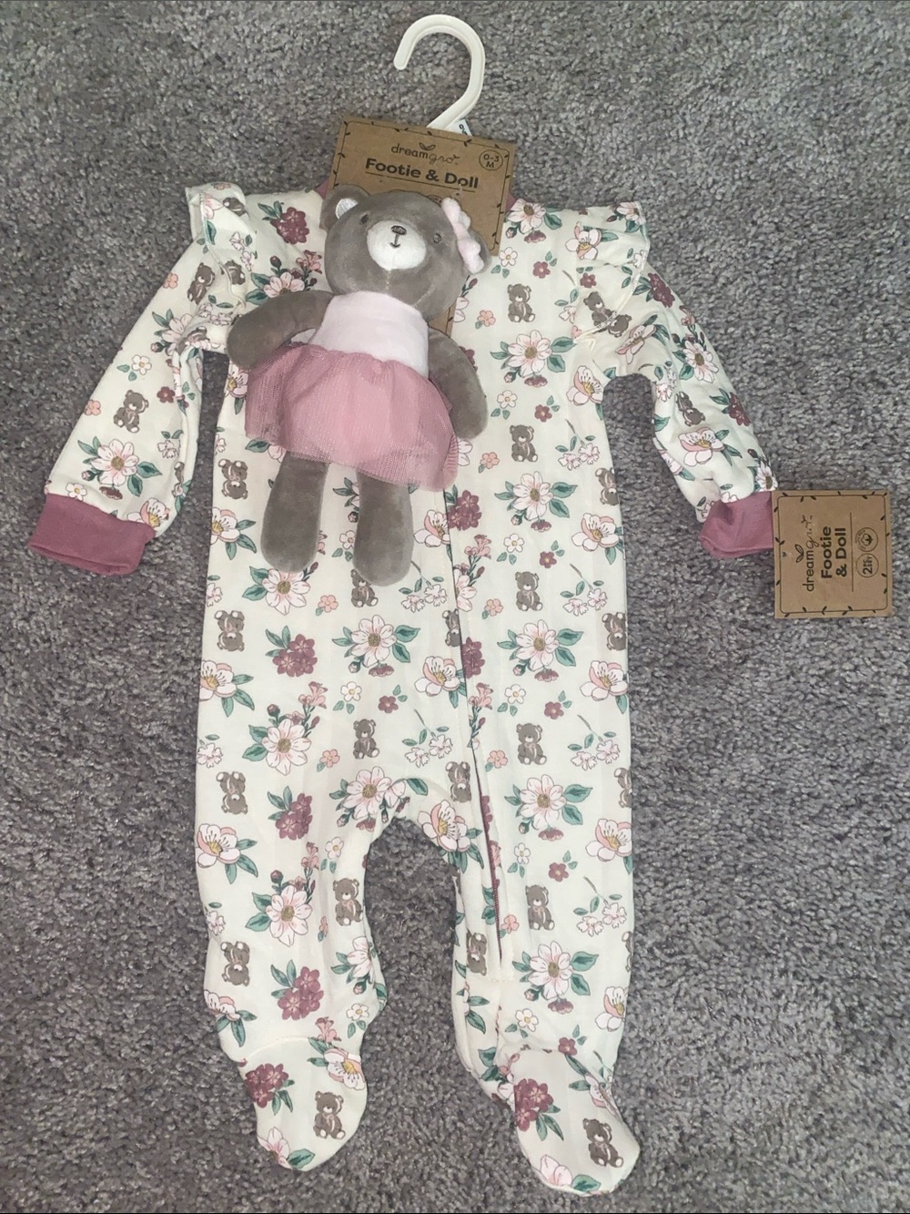 Floral Bear Footed One-Piece onsie and toy in Pink
